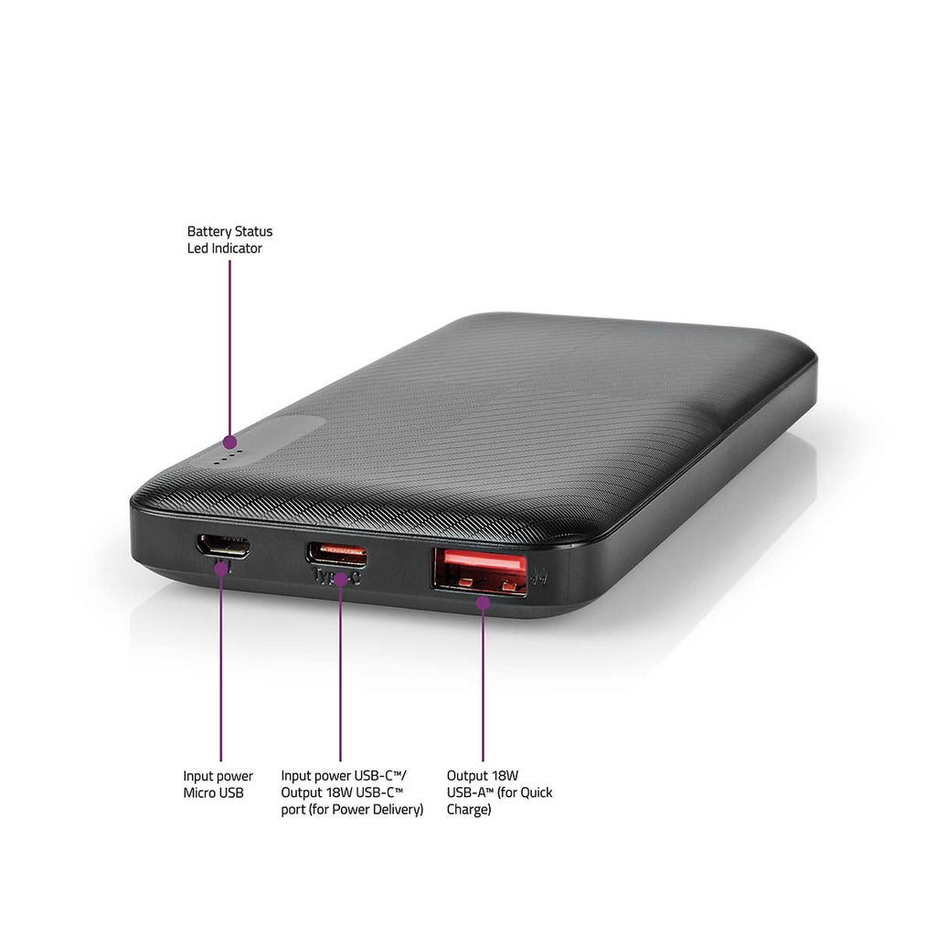 Hordozható töltő | 10000 mAh | 2x 3.0 A | Kimenő csatlakozók száma: 2 | Kimeneti kapcsolat_ 1x USB-A / 1x USB-C™ | Bemenő csatlakozók: 1x Micro USB / 1x USB-C™ | PD2.0 18W | Lítium-Polimer