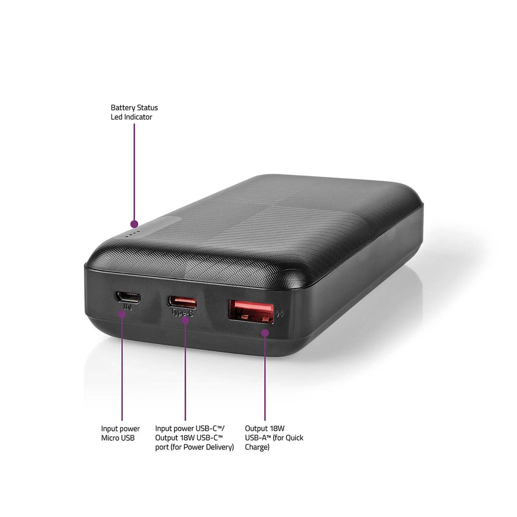 Hordozható töltő | 20000 mAh | 2x 3.0 A | Kimenő csatlakozók száma: 2 | Kimeneti kapcsolat_ 1x USB-A / 1x USB-C™ | Bemenő csatlakozók: 1x Micro USB / 1x USB-C™ | PD2.0 18W | Lítium-Polimer
