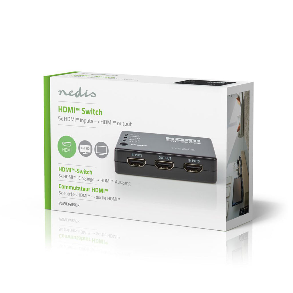 HDMI Kapcsoló | 5 Port | 5 db HDMI-bemenet | 1 db HDMI-kimenet | 1080p | ABS | Antracit | Doboz