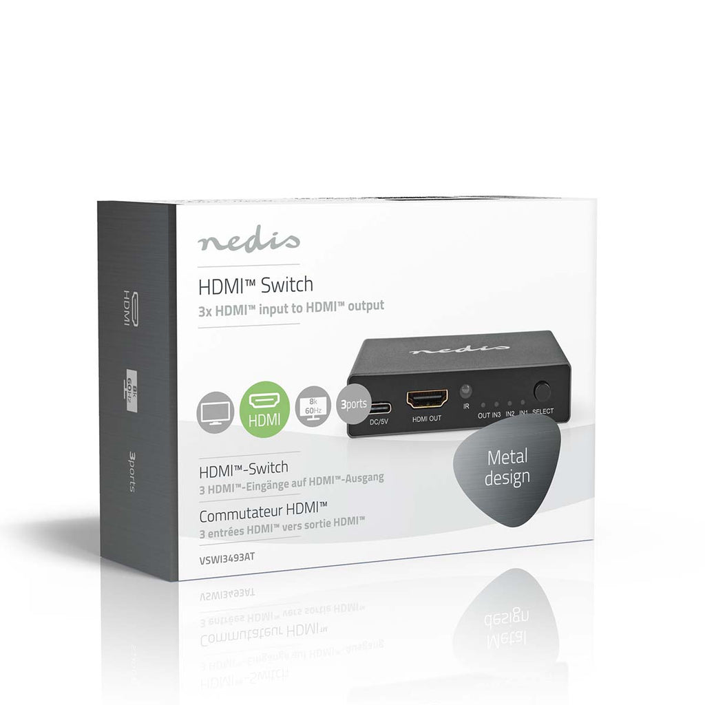 HDMI ™ Switch | 3-Port port(s) | 3x HDMI™ Bemenet | HDMI™ Kimenet | 8K@60Hz | 45 Gbps | Távvezérelt | Alumínium | Antracit