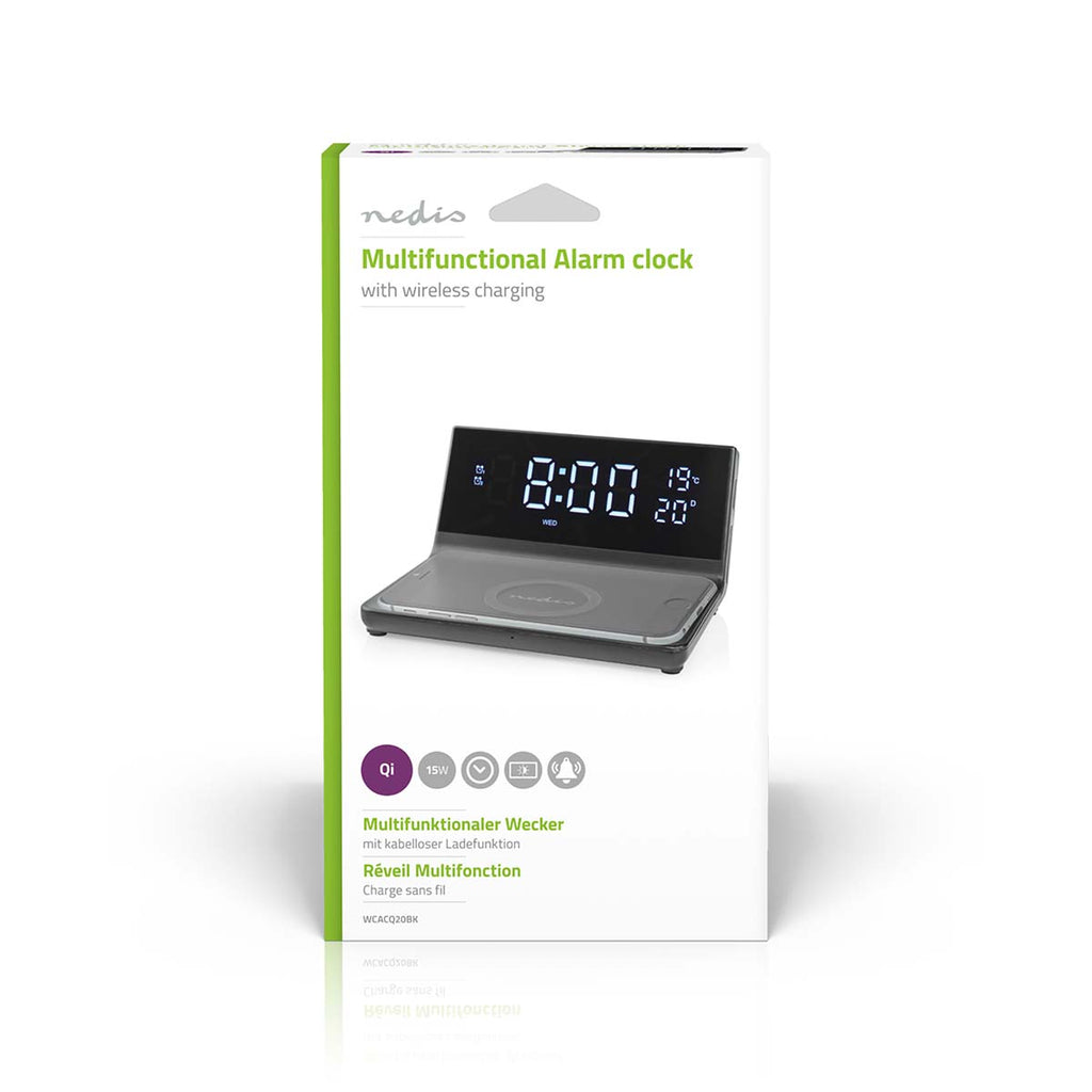 Alarm clock wireless charger | Qi szabványú | 5 / 7.5 / 10 / 15 W | USB-A Dugasz | 2 Riasztási Idők | Szundi funkció