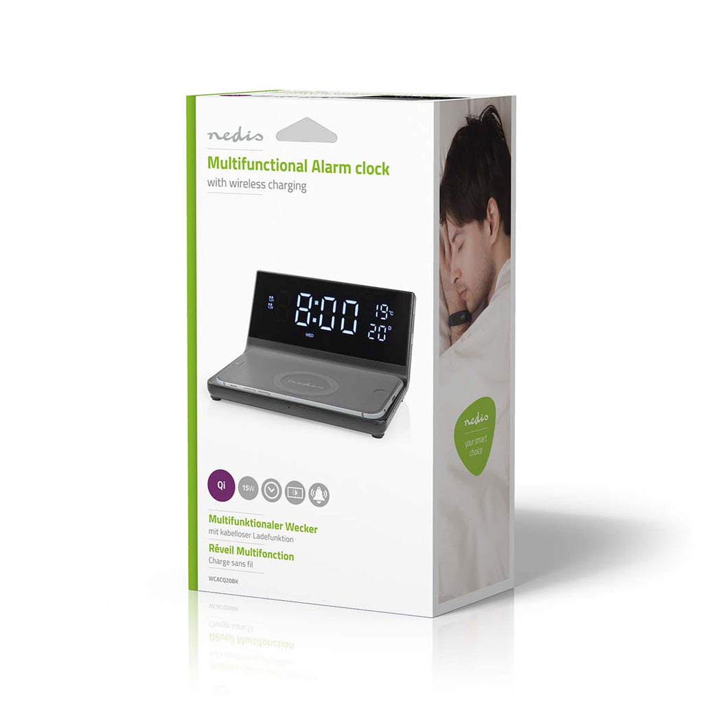 Alarm clock wireless charger | Qi szabványú | 5 / 7.5 / 10 / 15 W | USB-A Dugasz | 2 Riasztási Idők | Szundi funkció