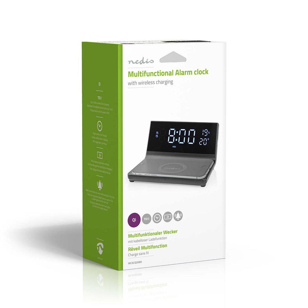 Alarm clock wireless charger | Qi szabványú | 5 / 7.5 / 10 / 15 W | USB-A Dugasz | 2 Riasztási Idők | Szundi funkció
