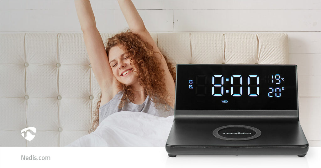 Alarm clock wireless charger | Qi szabványú | 5 / 7.5 / 10 / 15 W | USB-A Dugasz | 2 Riasztási Idők | Szundi funkció
