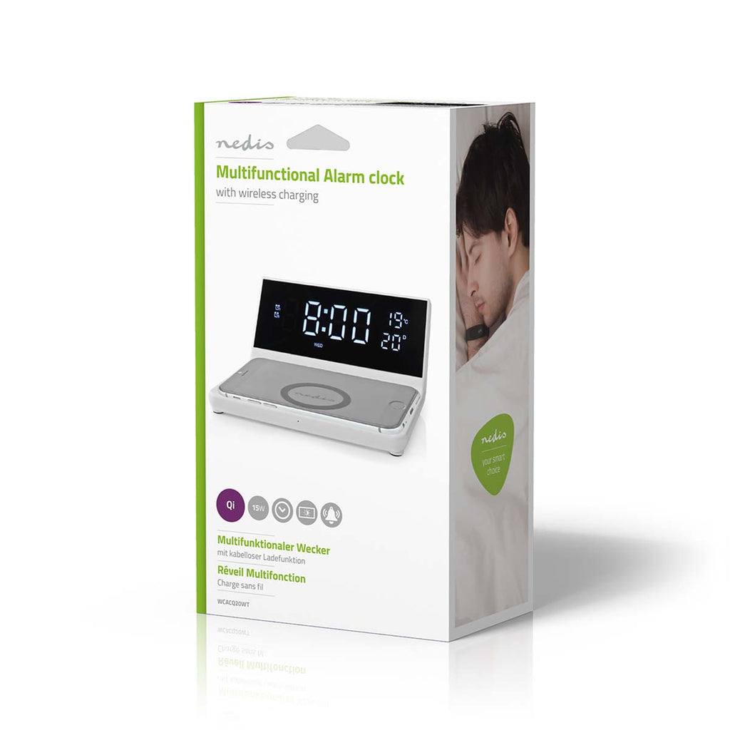 Alarm clock wireless charger | Qi szabványú | 5 / 7.5 / 10 / 15 W | USB-A Dugasz | 2 Riasztási Idők | Szundi funkció