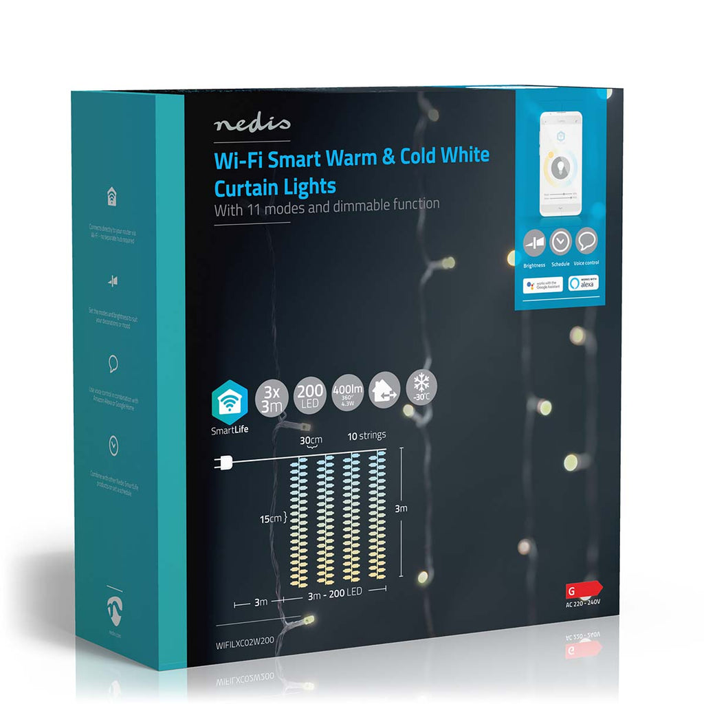 SmartLife Dekoratív LED | Függöny | Wi-Fi | Meleg és lehűlni fehér | 200 LED's | 3 m | Android™ / IOS