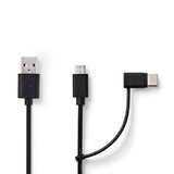 2 az 1-ben kábel | USB 2.0 | USB-A Dugasz | USB Micro-B Dugasz / USB-C™ Dugasz | 480 Mbps | 1.00 m | Nikkelezett | Kerek | PVC | Fekete | Label-0