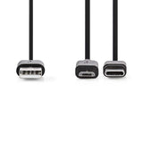 2 az 1-ben szinkronizáló- és töltőkábel | USB A Dugasz - USB Micro B/USB-C Típusú Dugasz | 1,0 m | Fekete