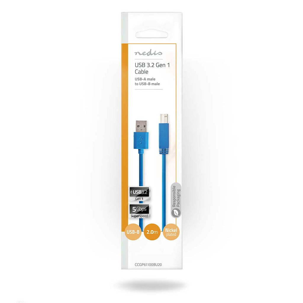 USB kábel | USB 3.2 Gen 1 | USB-A Dugasz | USB-B Dugasz | 5 Gbps | Nikkelezett | 2.00 m | Kerek | PVC | Kék | Műanyag Zacskó