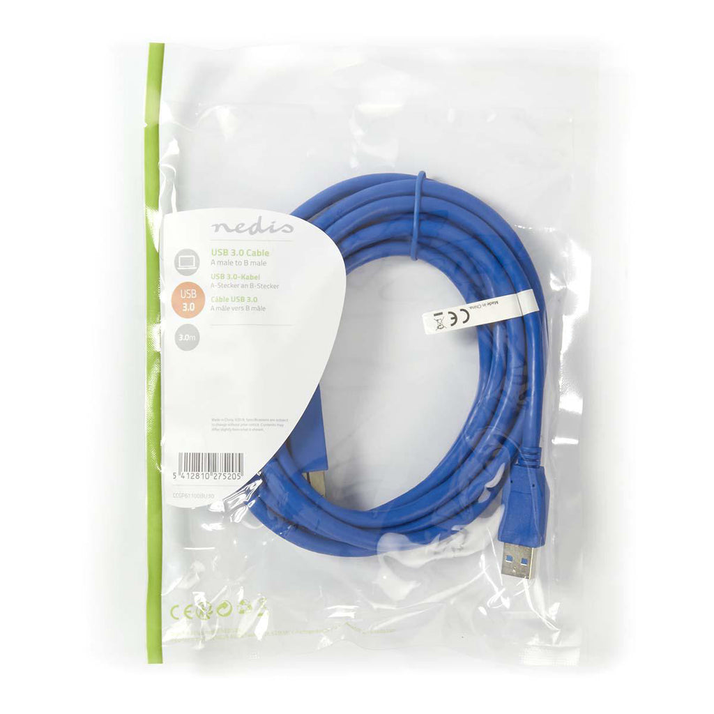 USB kábel | USB 3.2 Gen 1 | USB-A Dugasz | USB-B Dugasz | 5 Gbps | Nikkelezett | 3.00 m | Kerek | PVC | Kék | Műanyag Zacskó