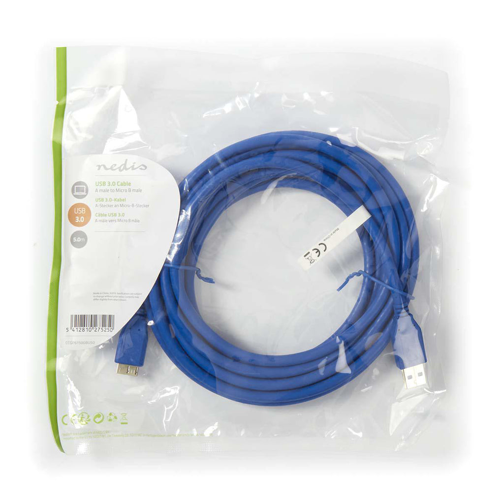 USB kábel | USB | USB-A Dugasz | USB Micro-B Dugasz | Nikkelezett | 5.00 m | Kerek | PVC | Kék | Műanyag Zacskó