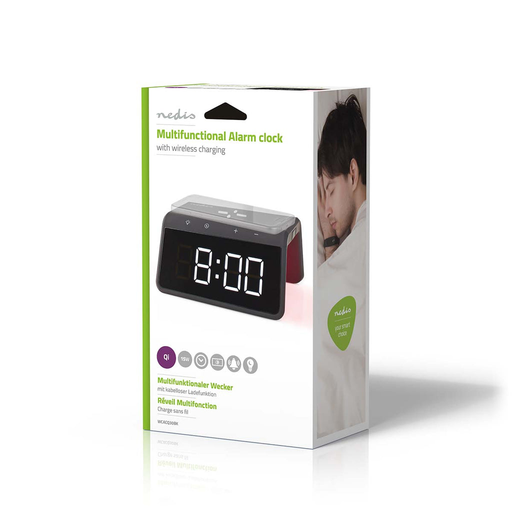 Alarm clock wireless charger | Qi szabványú | 5 / 7.5 / 10 / 15 W | USB-A Dugasz | Éjszakai Fény | 2 Riasztási Idők | Szundi funkció